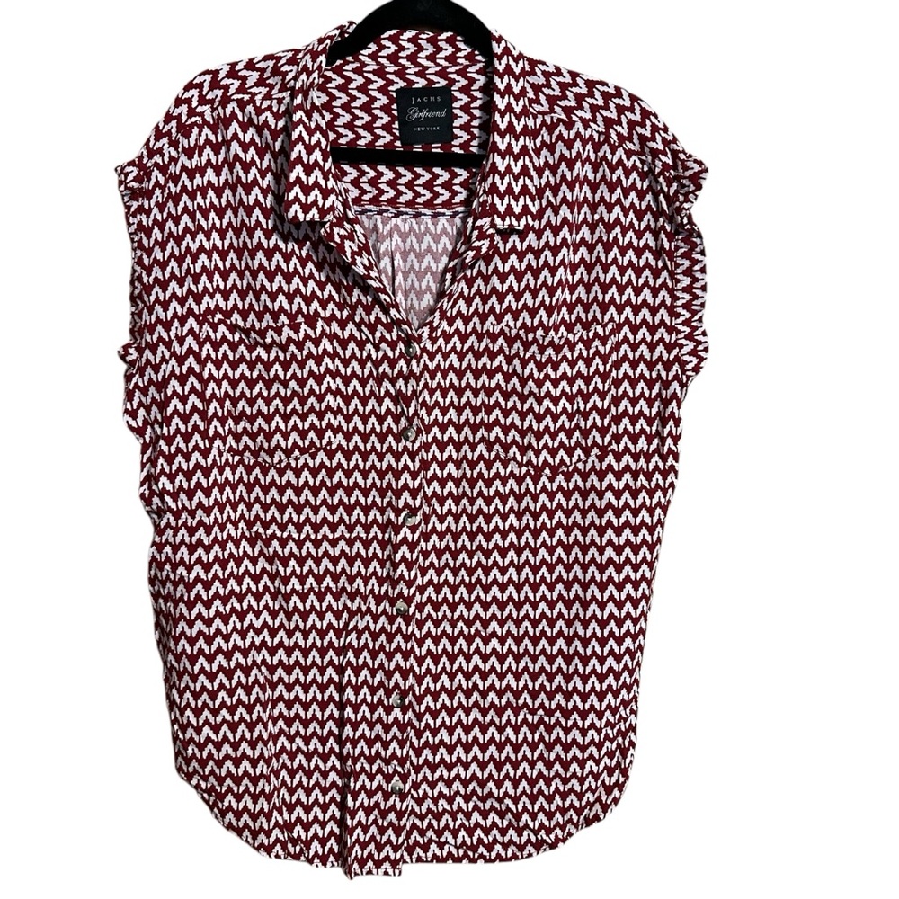 Jachs Girlfriend Chevron Red White Cap Sleeve Lightweight Button Down Blouse Top
